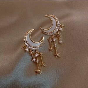 🌙Gold White Shooting Star Earrings Rhinestone New